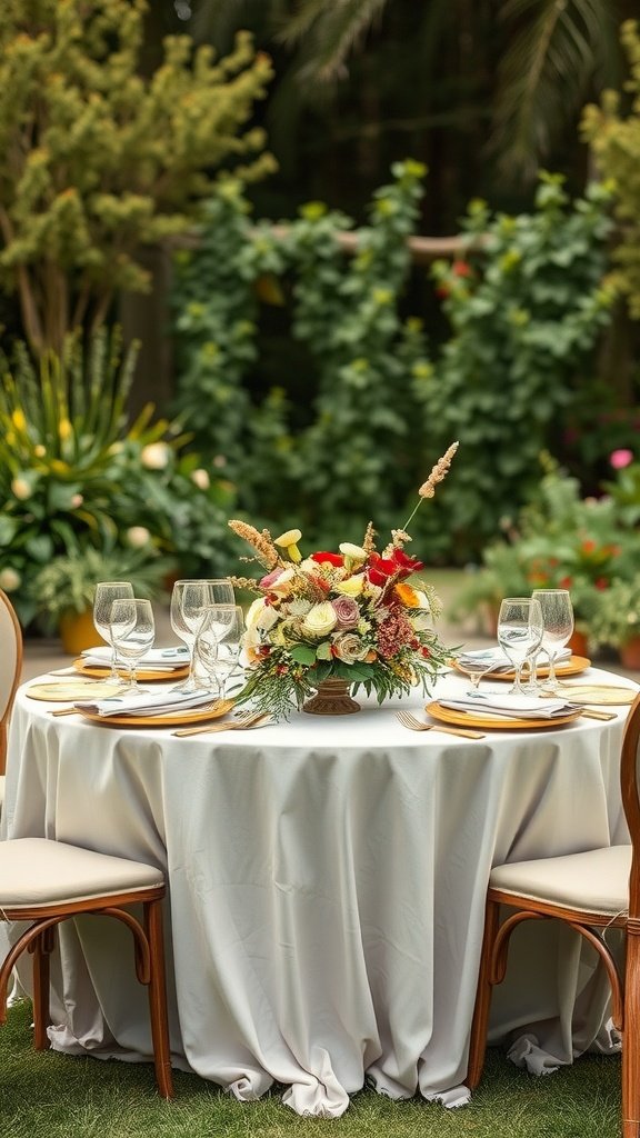 A round table set for a wedding with a floral centerpiece, elegant glassware, and soft white linens, surrounded by greenery.