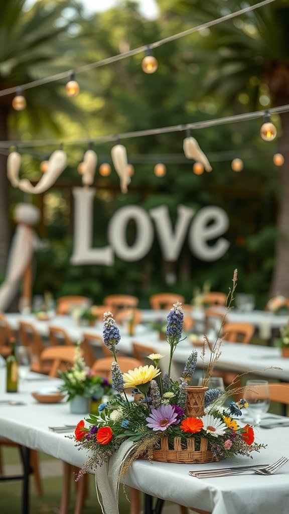 A wedding table setup with wildflowers and rustic elements under string lights.
