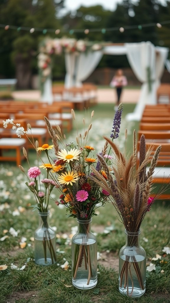 Colorful wildflowers in glass vases arranged for a wedding ceremony outdoors