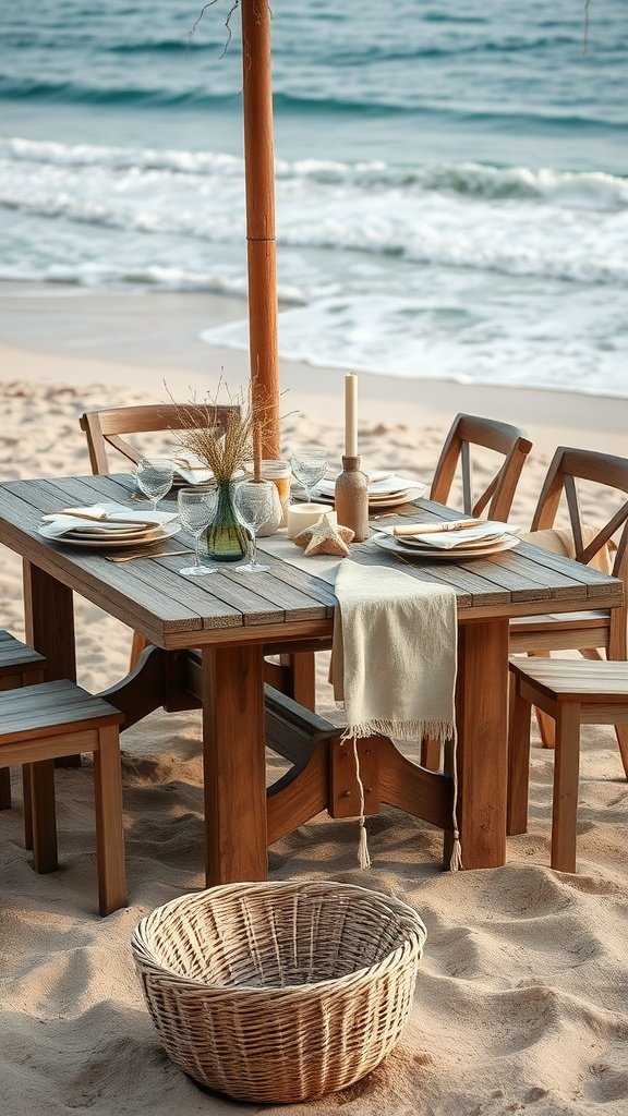 Beach wedding reception table with rustic wooden settings and ocean background