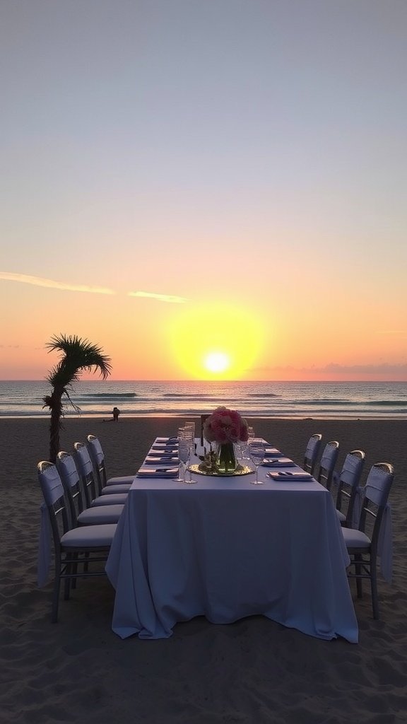 Beach wedding reception table set up with sunset in the background