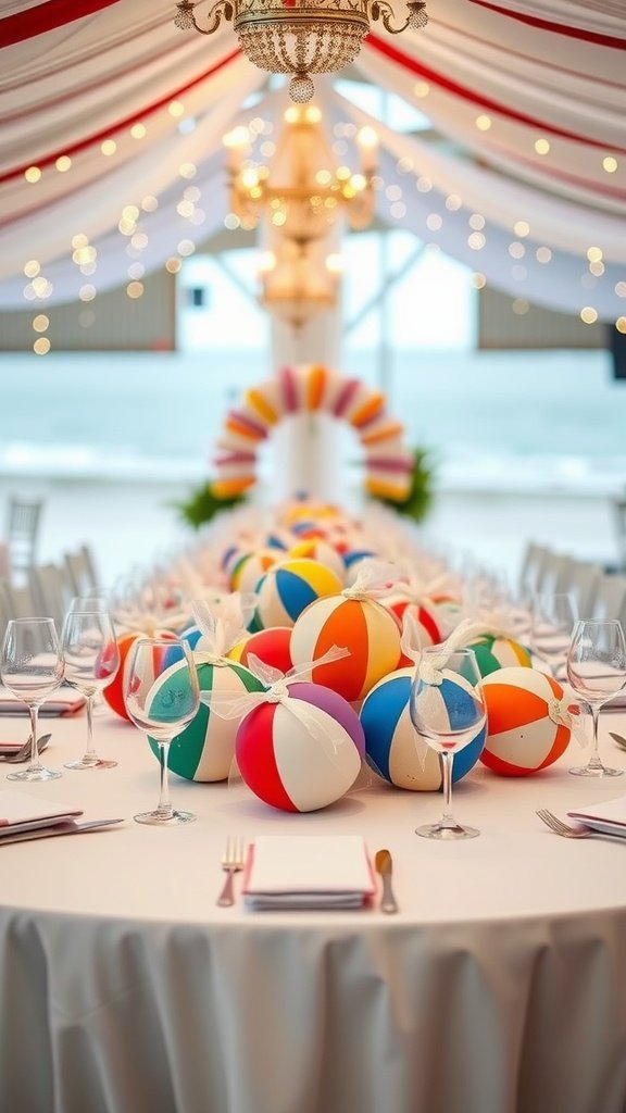 Colorful beach balls arranged as wedding reception favors on a table with elegant decorations