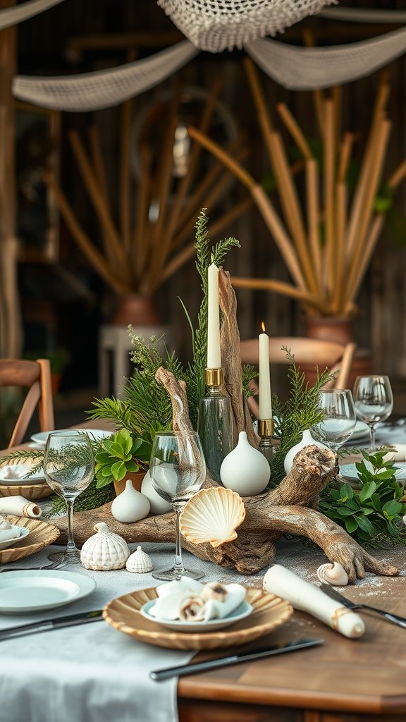 A beautifully decorated beach wedding reception table featuring driftwood, greenery, and seashells.