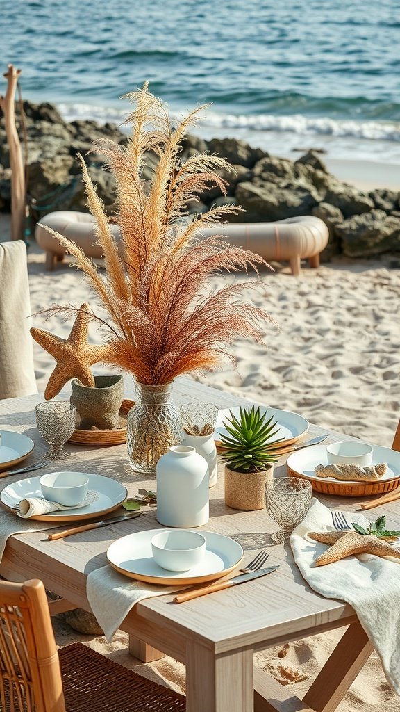 A beautifully set beach wedding reception table featuring natural decor elements.