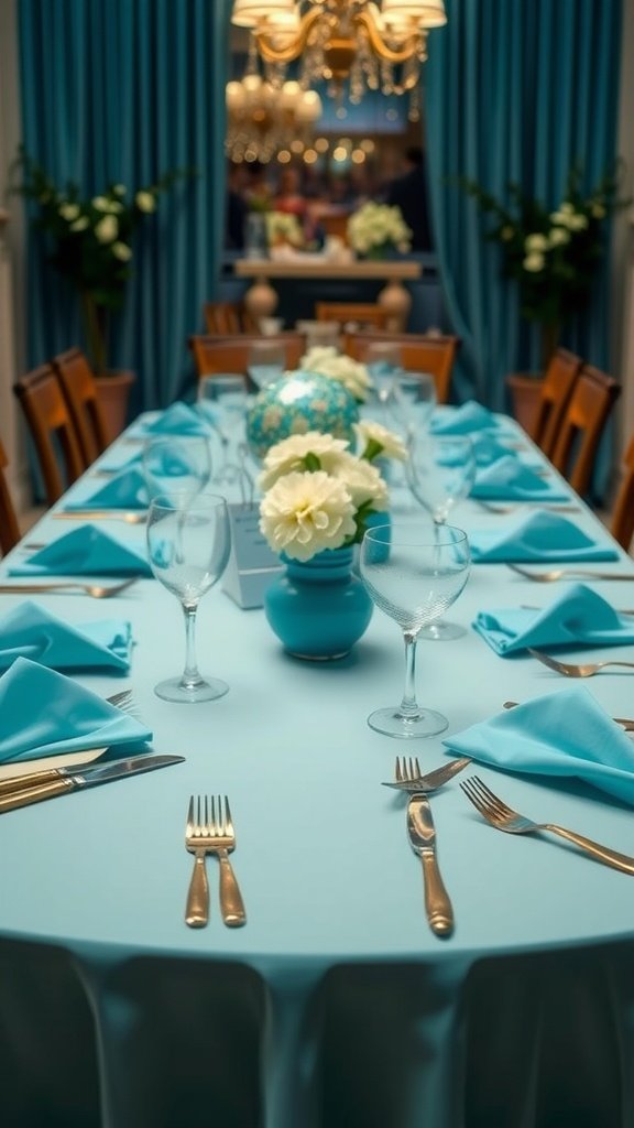 A beach wedding reception table set with an ocean-blue color palette, featuring turquoise decorations and white flowers.