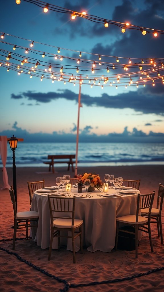 A beach wedding reception table adorned with string lights, set against a sunset backdrop.