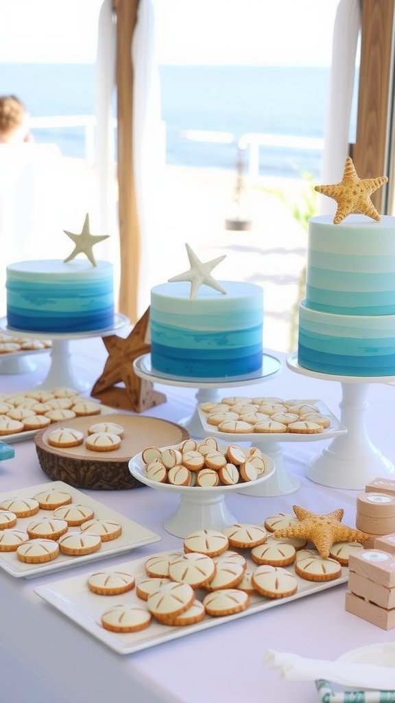 Beach wedding dessert table with cakes and cookies