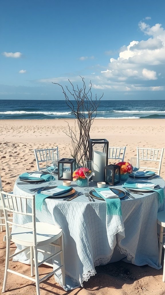 A beach wedding reception table decorated with underwater-themed elements including a blue tablecloth, lanterns, and flowers.