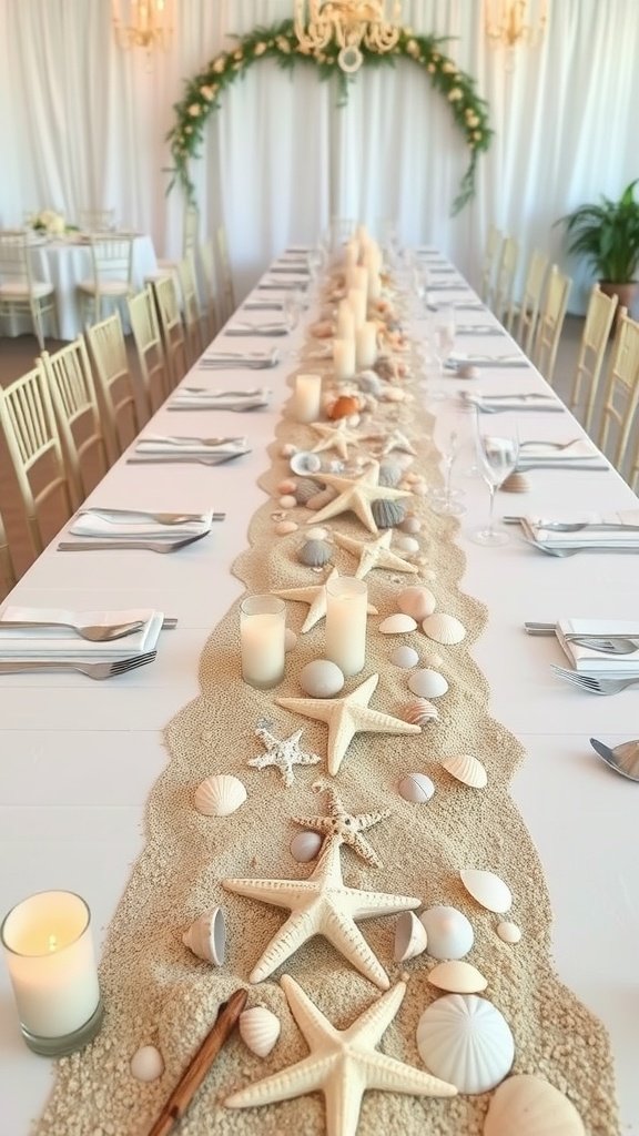 Beach wedding reception table decorated with a sandy runner, starfish, seashells, and candles.