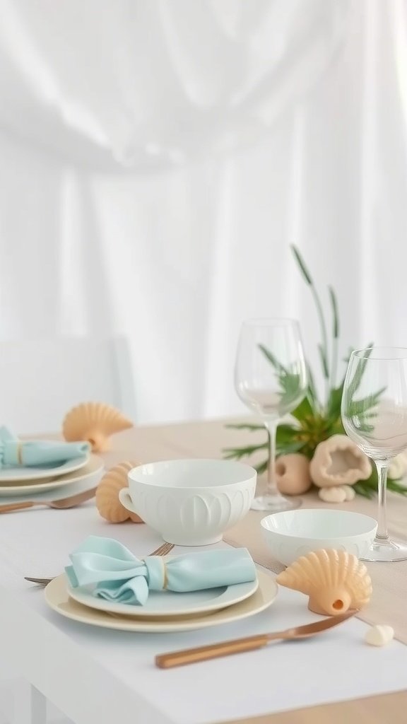 Beach wedding reception table with seashell-inspired tableware and decor.