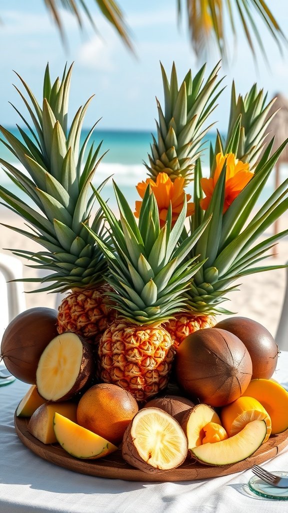 A beautifully arranged tropical fruit centerpiece featuring pineapples and various melons on a beach wedding reception table.