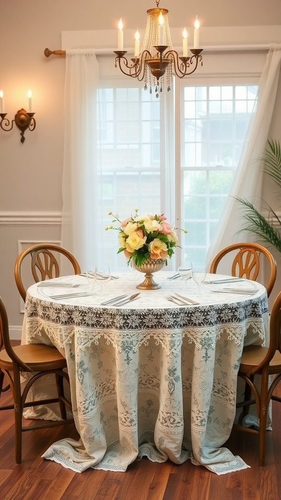 A vintage-inspired round wedding table set with a lace tablecloth and floral centerpiece.
