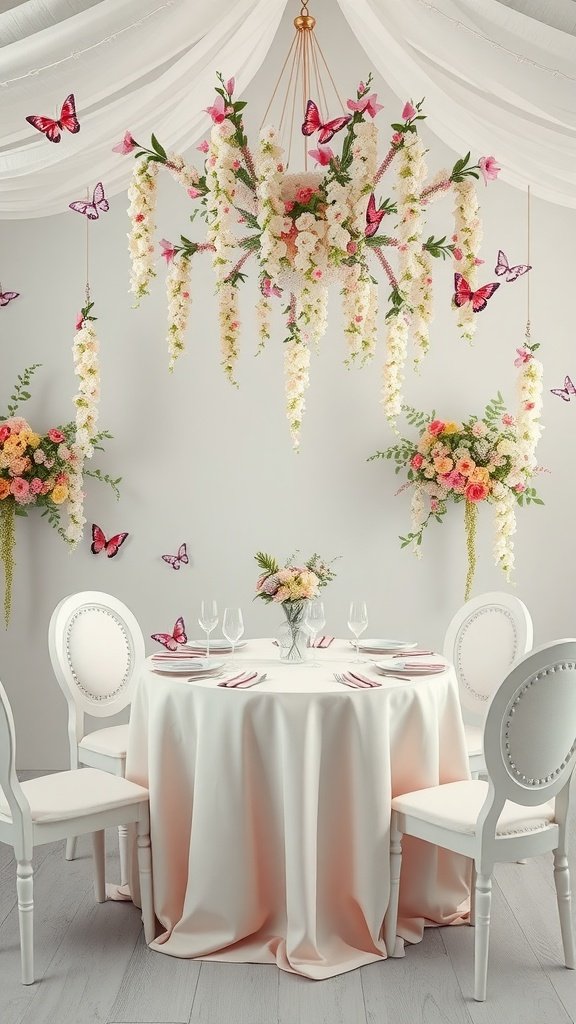 Round wedding table with floral arrangements and butterflies.
