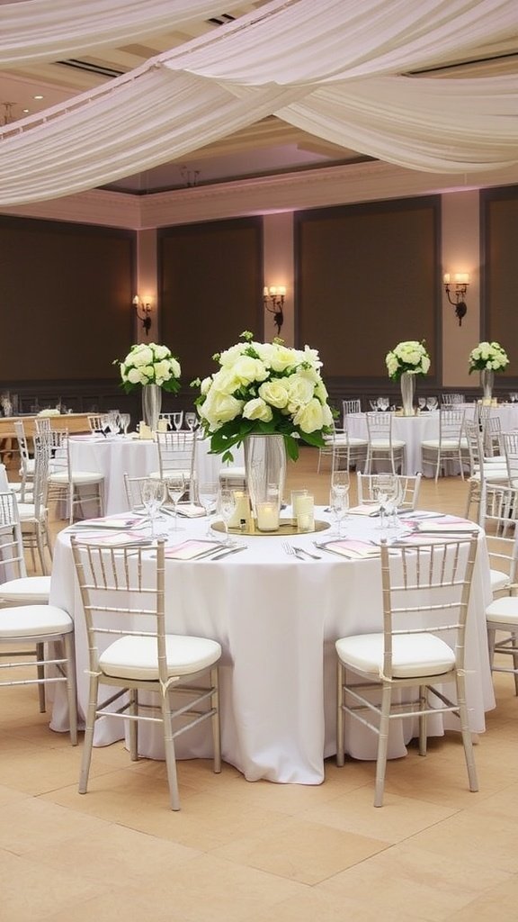 Elegant round wedding tables with floral arrangements and soft linens.