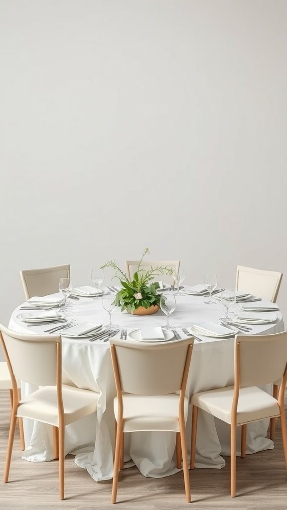 A minimalist round wedding table setup with a white tablecloth and simple greenery centerpiece.