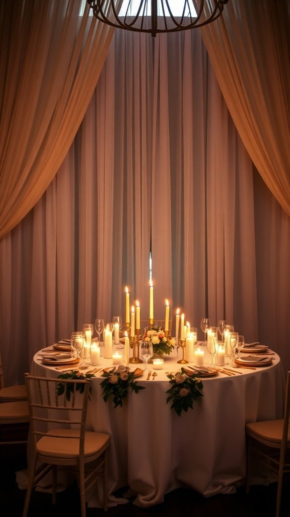 A beautifully arranged candlelit round wedding table with flowers and candles.