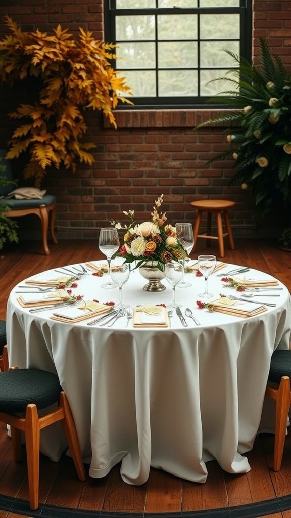 A beautifully arranged round wedding table with a floral centerpiece.