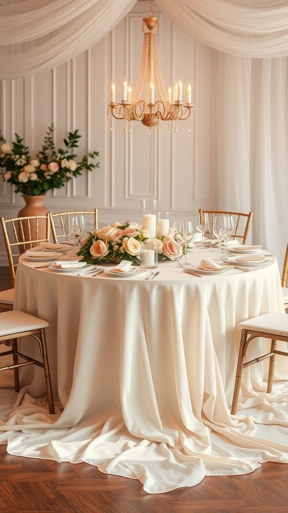 A round wedding table with elegant decor, featuring a floral centerpiece and candles.