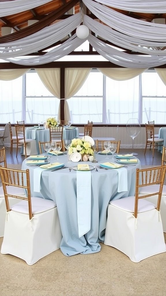 A beautifully decorated round wedding table with blue linens and gold chairs, set in a coastal venue.