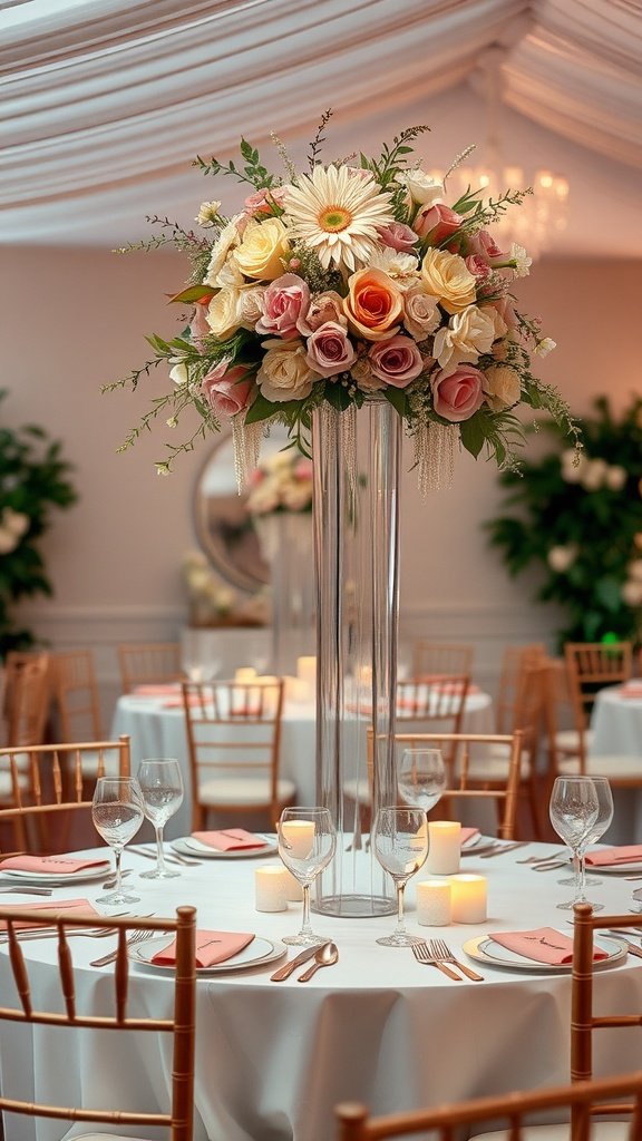 Elegant round wedding table with floral centerpiece and candle decorations