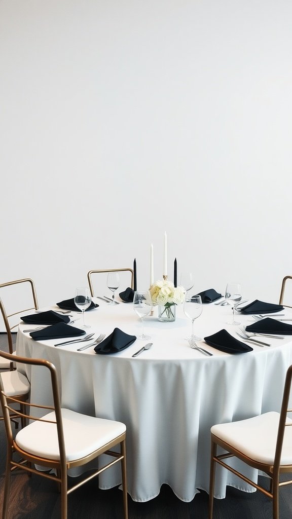 Modern round wedding table decor with white tablecloth, black napkins, and floral centerpiece.