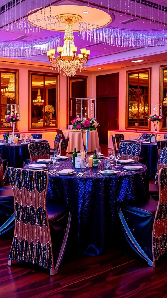 Elegant round wedding reception tables with shimmering tablecloths and flowers