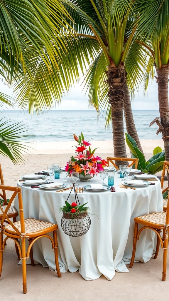 A beautifully arranged round wedding table set up on a beach with tropical elements.