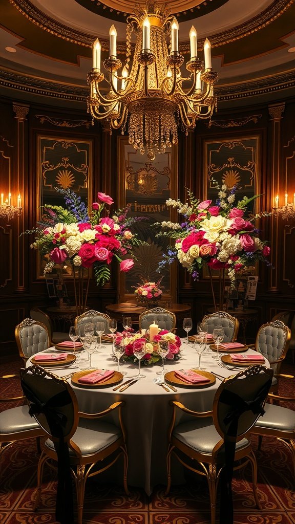 Luxurious round wedding tablescape featuring floral arrangements and elegant decor.