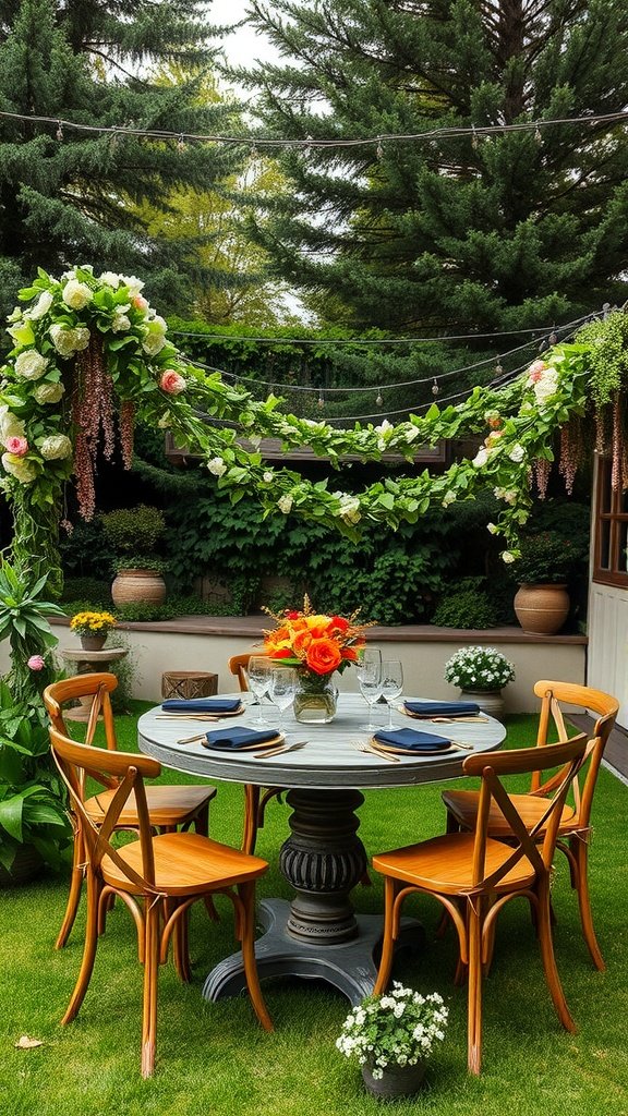 A beautifully arranged round wedding table in a garden setting.