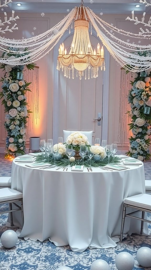 Round wedding table set for winter wonderland theme.