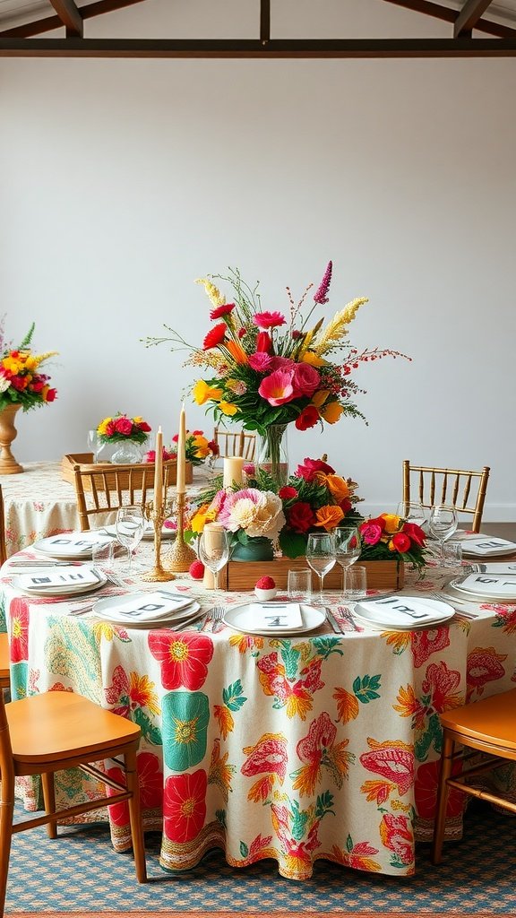 A beautifully decorated round wedding table with colorful floral arrangements and vibrant tableware.