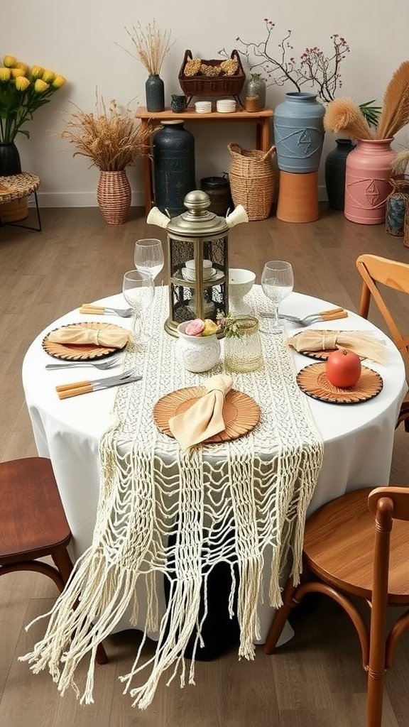 A beautifully styled round wedding table with a macrame table runner and rustic decor.