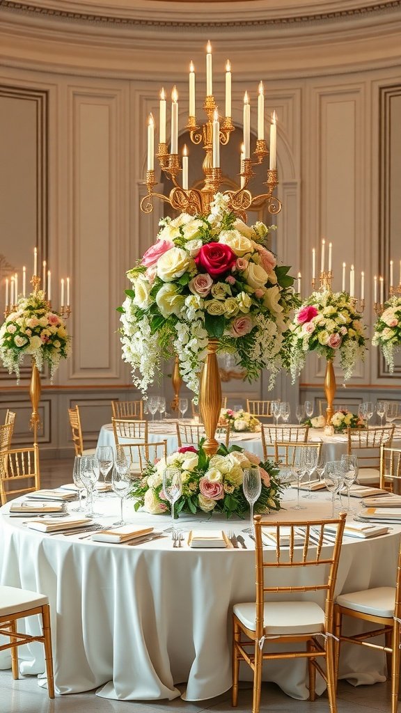 Elegant round wedding table with floral centerpieces and candles