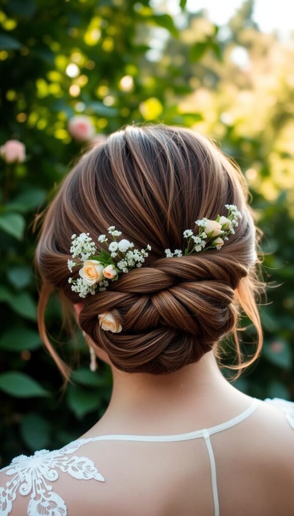 garden wedding chignon with floral accents garden wedding chignon with floral accents
